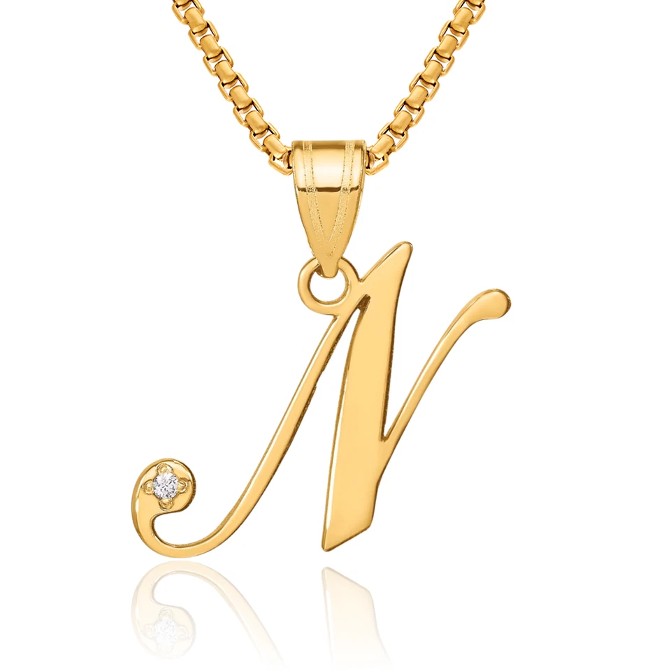 Collar de diamantes con inicial letra N de oro amarillo macizo de 14K Foto 1 de 1