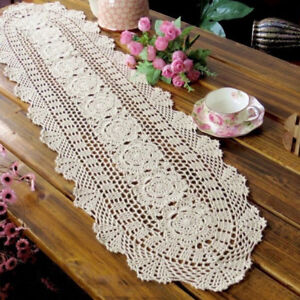 Vintage Hand Crochet Cotton Lace Table Runner Dresser Scarf Doily Wedding Party