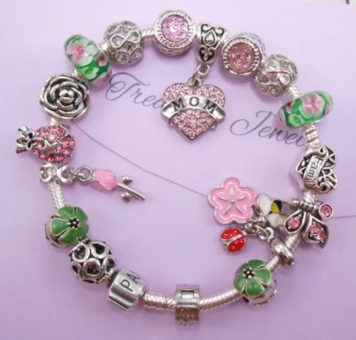 PANDORA SILVER CHARM BRACELET MOM MOTHER PINK CRYSTAL CHARMS AND GIFT BOX! - Image 1 of 4