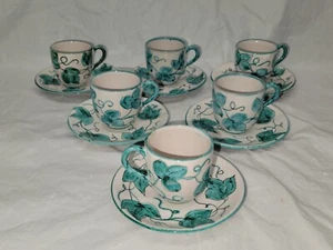 Mid Century Italian Pottery Demitasse Cups And Saucers 6 Green Ivy Pattern #5205 - Picture 1 of 14
