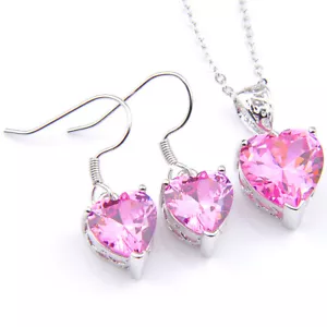 Valentine's Jewelry Set 2 pcs 1 Lot Pink Topaz Silver Heart Pendant Earrings - Picture 1 of 8