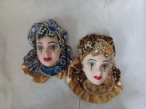 2  Porcelain Harlequin  doll heads, clowns wall decor Vintage  - Picture 1 of 9