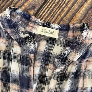 Bella Dahl Women’s Large Pink White Blue Plaid Button Down Shirt Rayon Fray Hem - Picture 1 of 9
