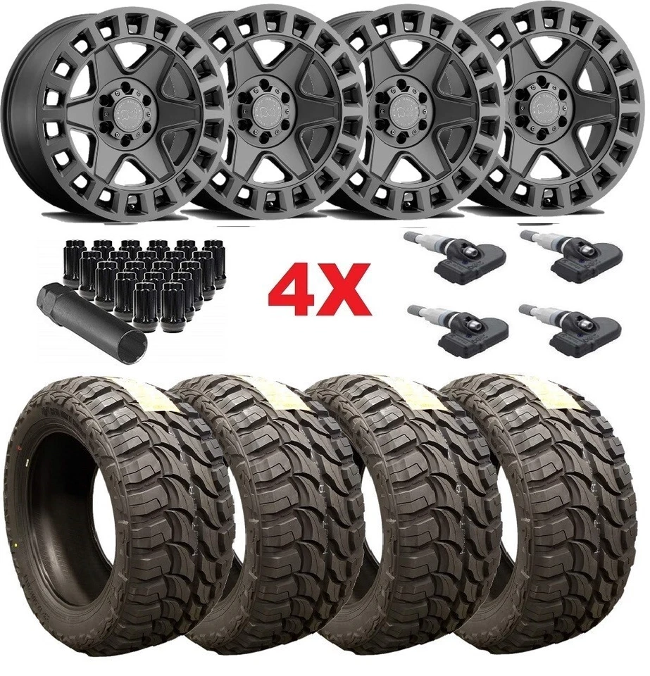 18 GUNMETAL OFF ROAD WHEELS TIRES RIMS 33 12.50 18 BLACK RHINO GRAY GREY MUD - Image 1 of 4