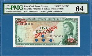 Stati dei Caraibi orientali, 5 dollari, esemplare C5 000000, 1965, UNC-PMG64, P14s - Foto 1 di 2