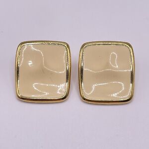 Monet Clip On Earrings Gold tone White Cream Enamel Stud Square Jewelry