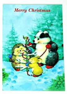 Vintage Grußkarte Frohe Weihnachten mit Bär & Igel & Maus Preiselbeere Schnee - Bild 1 von 4
