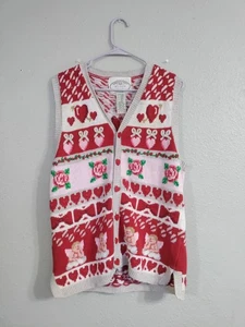 Vintage eagle's eye pink heart valentine sweater vest womens L rare bows cherub - Picture 1 of 8
