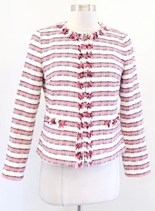 Talbots Black White Coral Striped Tweed Fringe Zip Front Blazer Jacket Size 4P - Picture 1 of 7