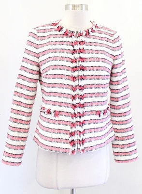 Talbots Black White Coral Striped Tweed Fringe Zip Front Blazer Jacket Size 4P - Image 1 of 4