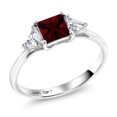10K White Gold Garnet and White Moissanite 3 Stone Engagement Ring For Women - Image 1 of 4