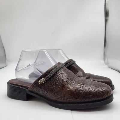 Minnetonka brown tooled leather mules slip on colg shoes sz 8.5 Western - Image 1 of 4