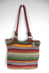 The Sak Rainbow Striped Crochet Bucket Bag Shoulder Bag Purse Double Strap Boho - Picture 1 of 14