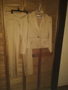 Cache Women SZ 4 Tan 2 Pc Pant Suit Set Jacket Blazer Cotton Blend Unique Pocket - Picture 1 of 13