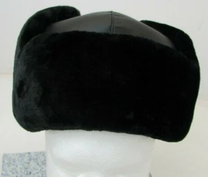 HANA Black Faux Fur / Faux LEATHER Aviator/Trapper Hat Unisex Winter Headwear - Picture 1 of 10