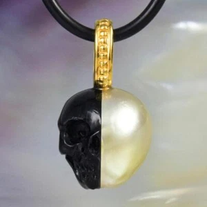 Skull IN Süd See Perle Anhänger Geschnitzter Schwarz Stift Gehäuse & Vermeil - Bild 1 von 14