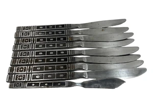 Satin Stainless Dots Scroll Black Accent DINNER/BUTTER KNIFE 8 5/8" & 7 3/4" - Picture 1 of 7