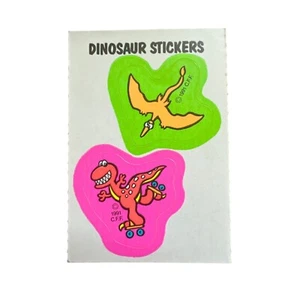 Vintage 1991 CFF Dinosaur Stickers Neon Riddle on Back 3" T Rex Pterodactyl - Picture 1 of 3