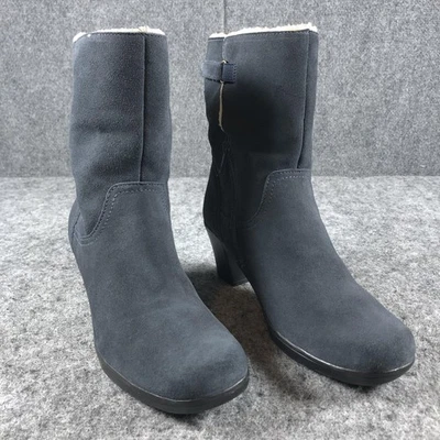 Clarks Mid Calf Boots Womens 8.5M Blue Suede Faux Fur Lined Side Zip Heel Warm - Image 1 of 4