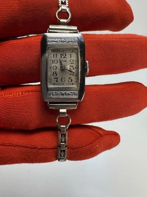 Elgin 1930s Art Deco Vintage Women’s Rectangular Silver Tone Watch USA Work - Image 1 of 4