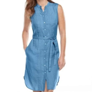 L.L. Bean Blue 100% Linen Sleeveless Belted Knee Length Shirt Dress 20 P - Picture 1 of 9