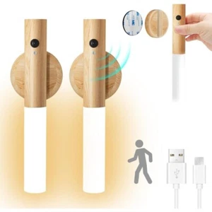 2Pz Lampada da Parete in Legno Sensore di Movimento Ricaricabile USB Senza Fili - Foto 1 di 6