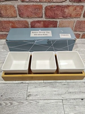 Bamboo Serving Tray 3 White Square Ceramic Dipping Bowls New Dim Sum Plates - Image 1 of 4