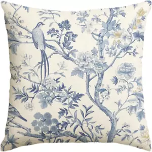Chinoiserie Trees Birds Blue and White Spring Throw Pillow Cover, 18 X 18 Inch G - Picture 1 of 7