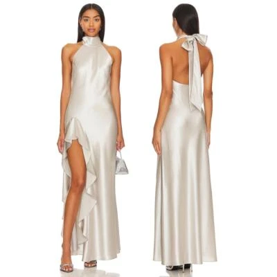 Vestido Milly Roux Martillado Satén Cuello Halter Acanalado Volantes Abertura Lateral Plateado Talla 8 Foto 1 de 4