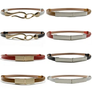 Women Metal Clasp Buckle Skinny Waist Belt Dress Faux Leather Waistband HG315 - Picture 1 of 12