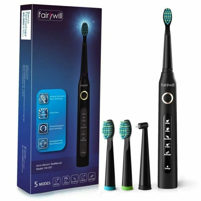Fairywill FW-507 5-Modes Electric Toothbrush with 6 Replacement Heads - Black