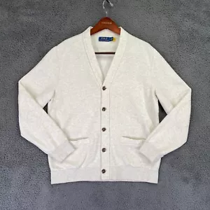 Polo Ralph Lauren Cardigan Sweater Men Medium Elbow Pads Ivory V Neck Dad - Picture 1 of 18