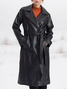 Black Women PU Leather Long Trench Coat Windbreaker Double-breasted Lapel Jacket - Bild 1 von 6