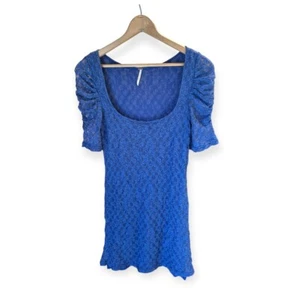 Free People Bodycon Mini Dress Womens Small Blue Overlay Lace Scoop Neck - Picture 1 of 10