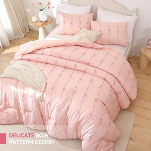 Lacey Bow Pink Comforter Set Queen 90x90 2 Pillow Cases 20x36 Fluffy & Cute - Picture 1 of 7