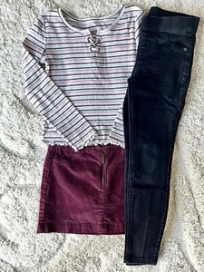 Justice Burgundy Corduroy Skirt Black Jeans Striped Top Size 8 - Picture 1 of 7