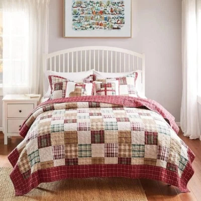 Queen Quilt Set Patchwork Design Red Tan Plaid Traditional Cotton Bedding - Image 1 of 4