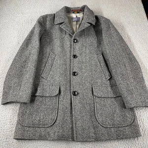 Vintage Pendleton 100% Wool Overcoat Tweed Men 46 Gray Herringbone Trench USA - Picture 1 of 13