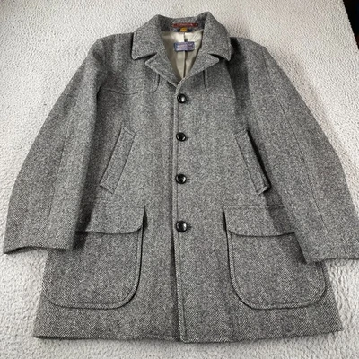 Vintage Pendleton 100% Wool Overcoat Tweed Men 46 Gray Herringbone Trench USA - Image 1 of 4