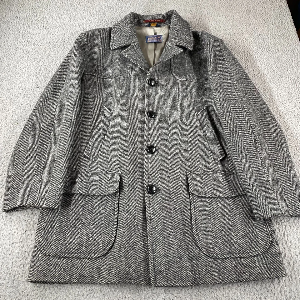 Vintage Pendleton 100% Wool Overcoat Tweed Men 46 Gray Herringbone Trench USA - Image 1 of 4