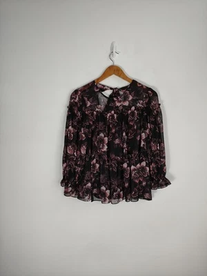 Blusa Ted Baker tamanho 12 roxa borgonha rosa estampa floral manga longa chiffon   - Imagem 1 de 4
