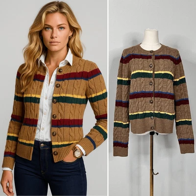 Polo Ralph Lauren в полоску кабель вязаный кардиган верблюд шерсти хлопок XL опрятный $499 - Изображение 1 из 4