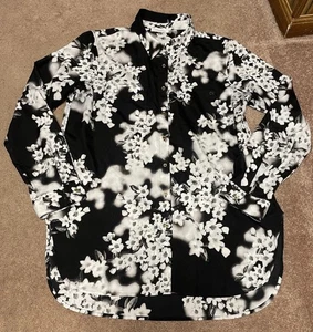 Calvin Klein schwarz weiß geblümt Langarm Hemd mit Knöpfen Damen L Gold CK Knopf - Bild 1 von 10