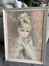 Vintage Kitsch Framed Mojer Innocence Girl & Kitten Canvas Print Tretchikoff Era