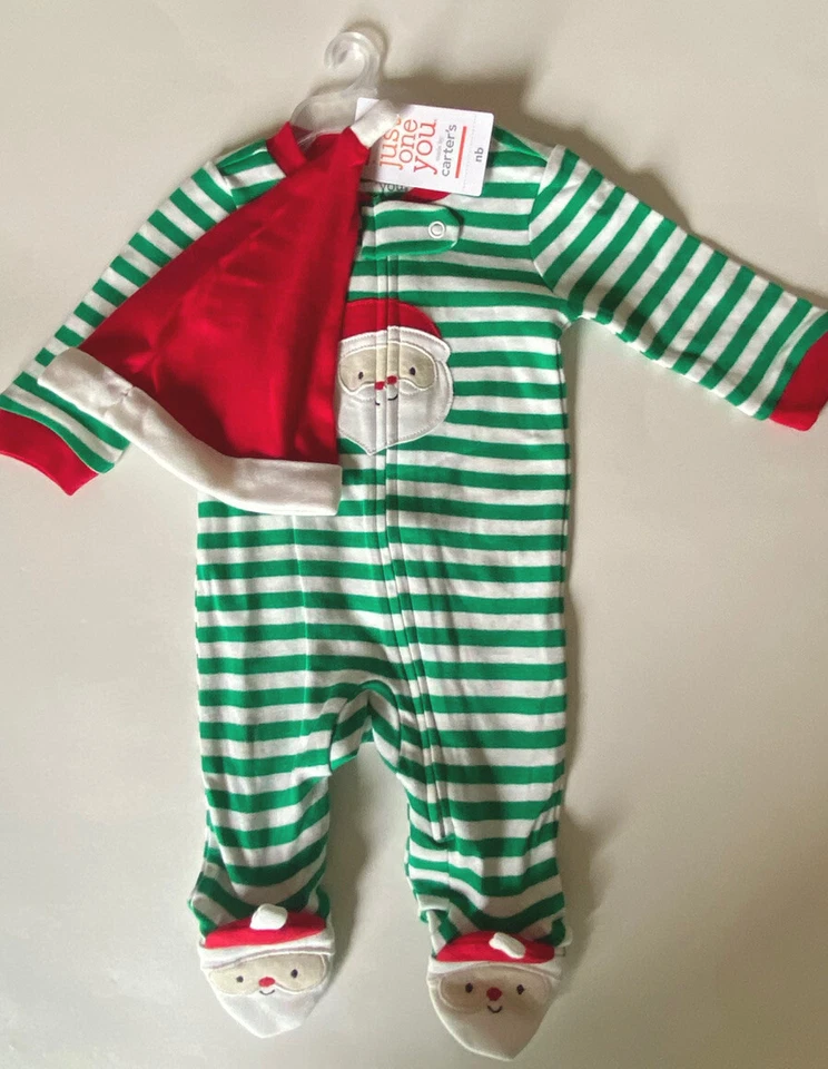 Carters Infant Boys Girls 3 Month Striped Footed Christmas Pajamas Santa Hat