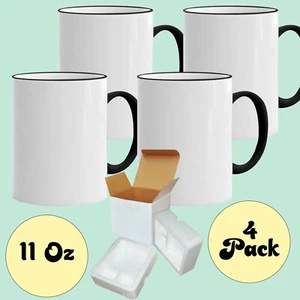 4 Pcs 11OZ Black Rim & Handle Sublimation Mugs With Foam Support Boxes - Picture 1 of 4
