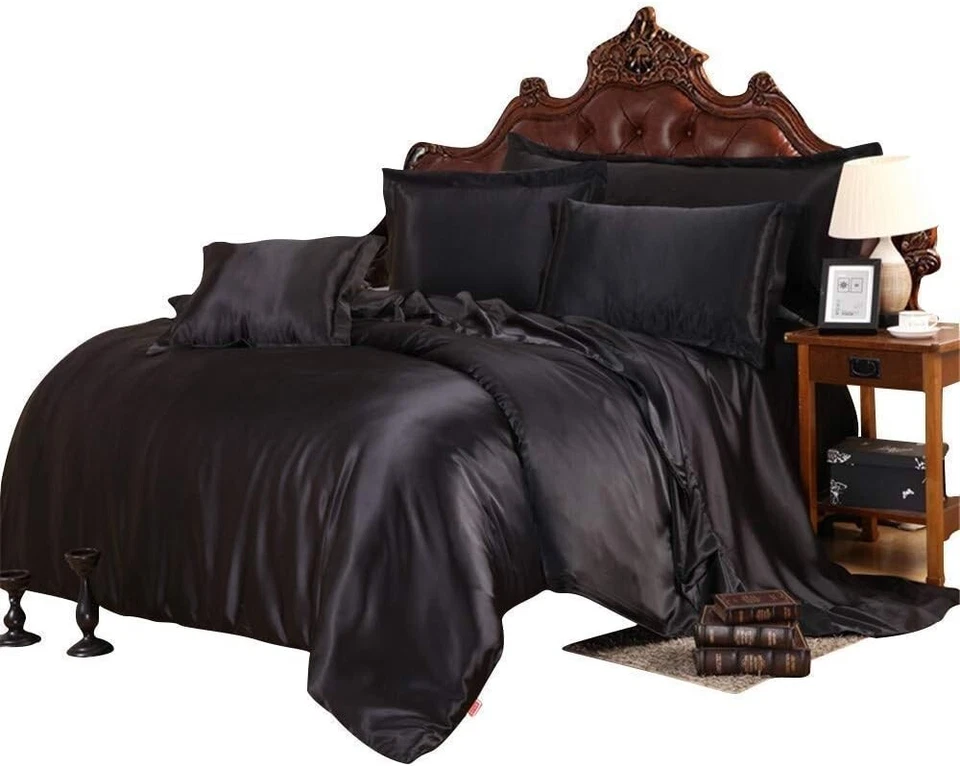 Satin Wrinkle Free Luxurious and Soft Silky 10–16 Deep 4Pc Sheet Set Black Solid - Image 1 of 4