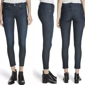 Rag & Bone Mid Rise Skinny Ankle Raw Hem Jean in Tonal River Dark Wash - Size 24 - Picture 1 of 12