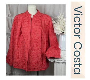 Victor Costa Coral Linen Embroidered Open Front Long Sleeve Jacket Blazer 2X NWT - Picture 1 of 10