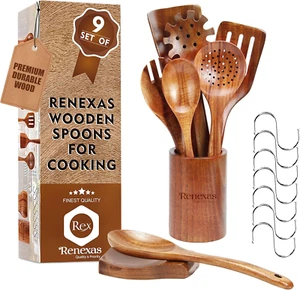 9 piezas cucharas de madera para utensilios de cocina, cucharas de cocina de madera de teca natural, - Imagen 1 de 12
